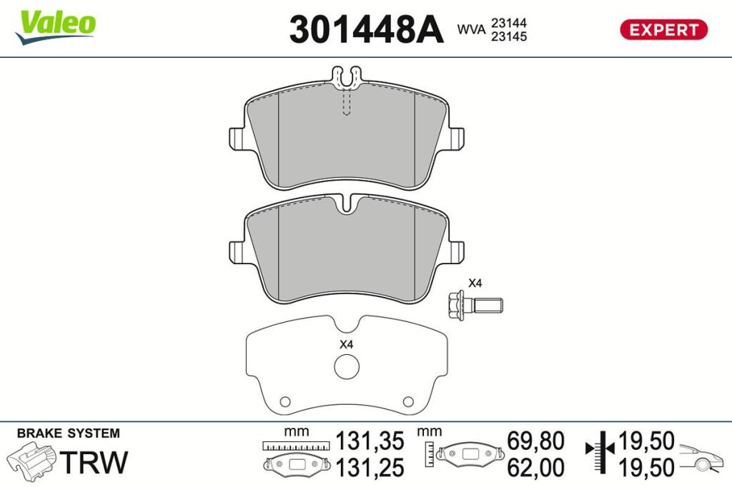 Jeu de 4 plaquettes de frein VALEO ref. 301448A